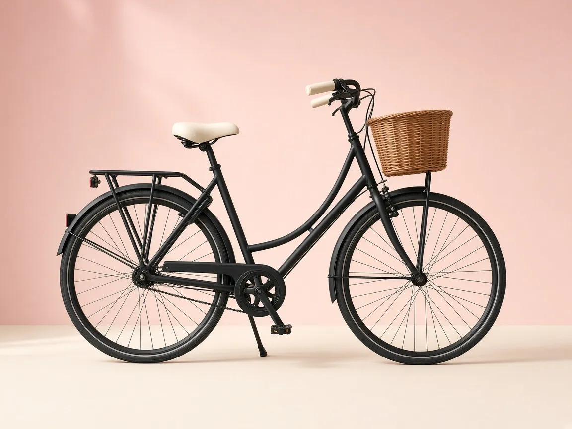 Schwarzes Citybike mit Korb und Gepäckträger vor rosa Hintergrund