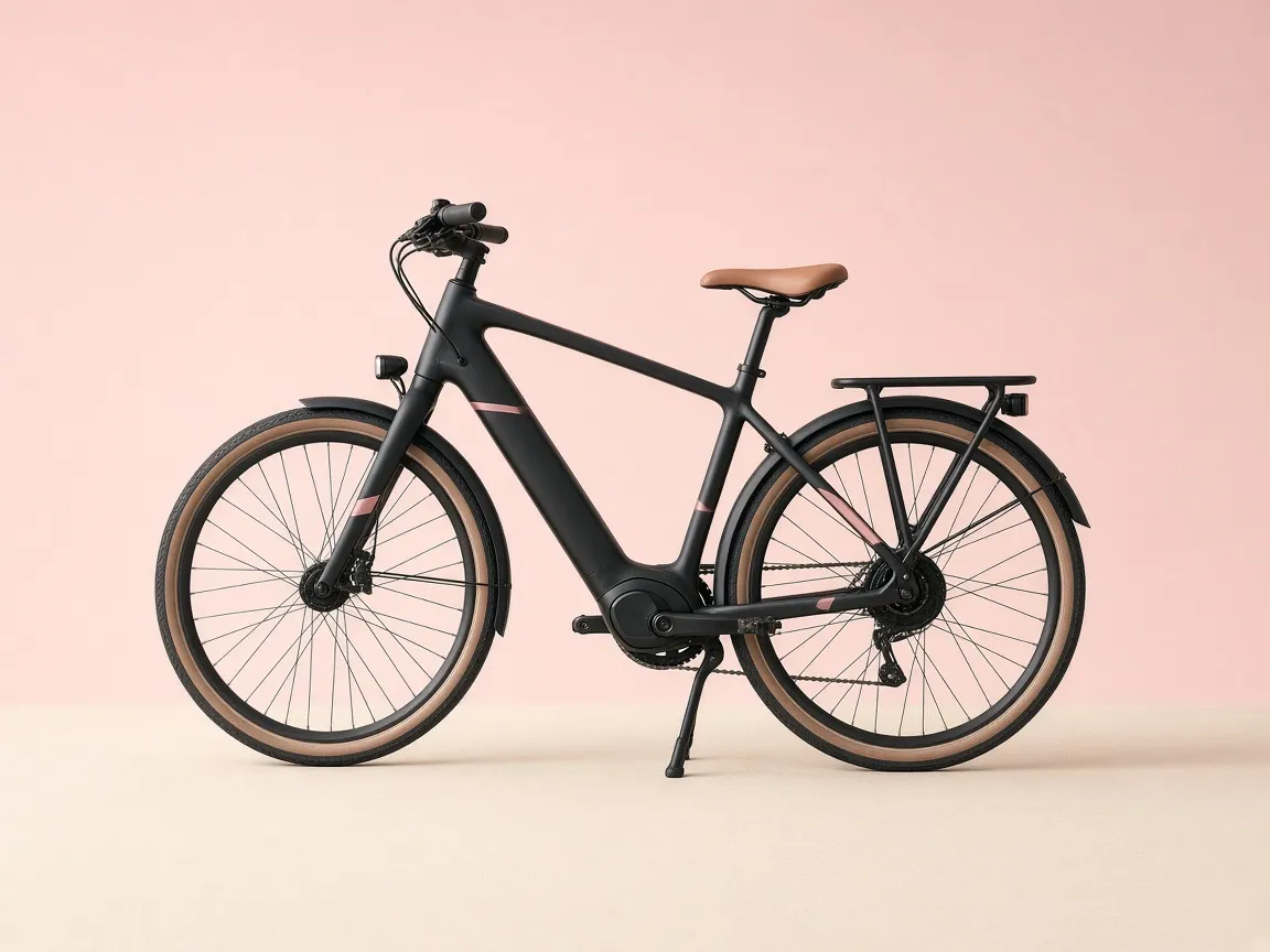 Schwarzes E-Bike mit integriertem Akku vor rosa Hintergrund